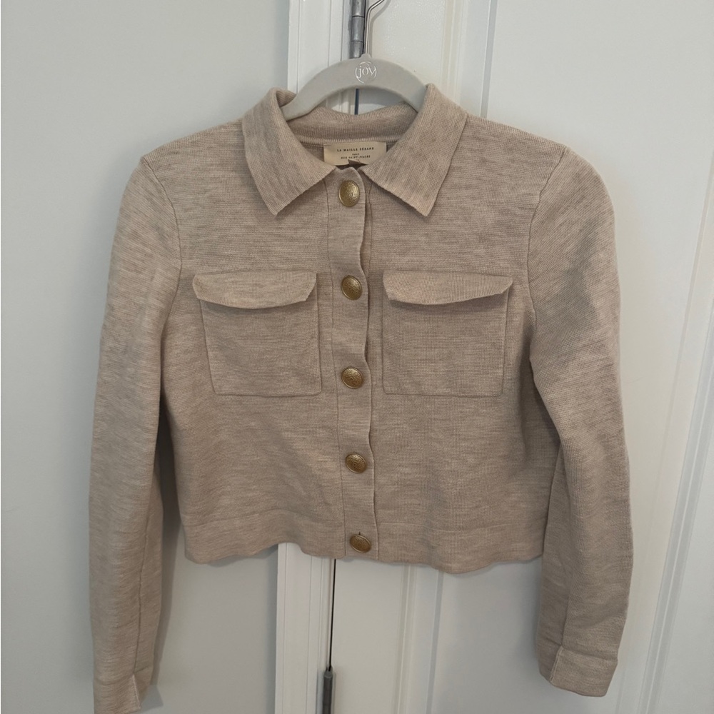 Sezane Tan Betty Cardigan Sweater Classic Knit